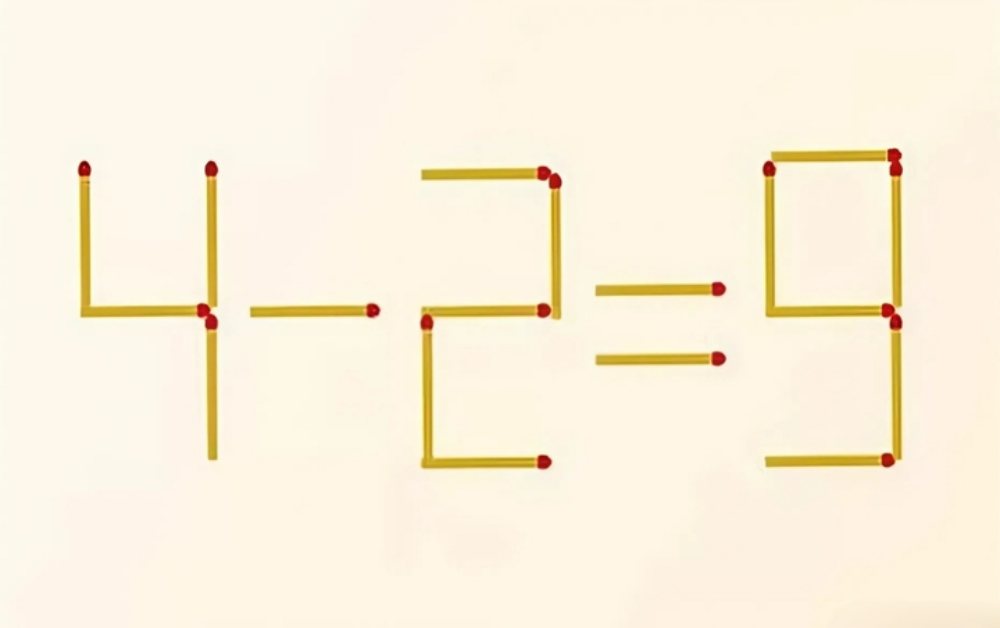 Di chuyển 2 que diêm để phép tính 4 - 2 = 9 thành đúng