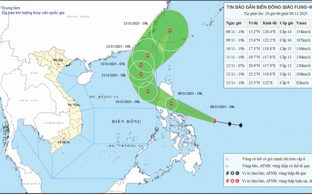 Dự báo ngày 9/11, bão FUNG-WONG gió mạnh cấp 16