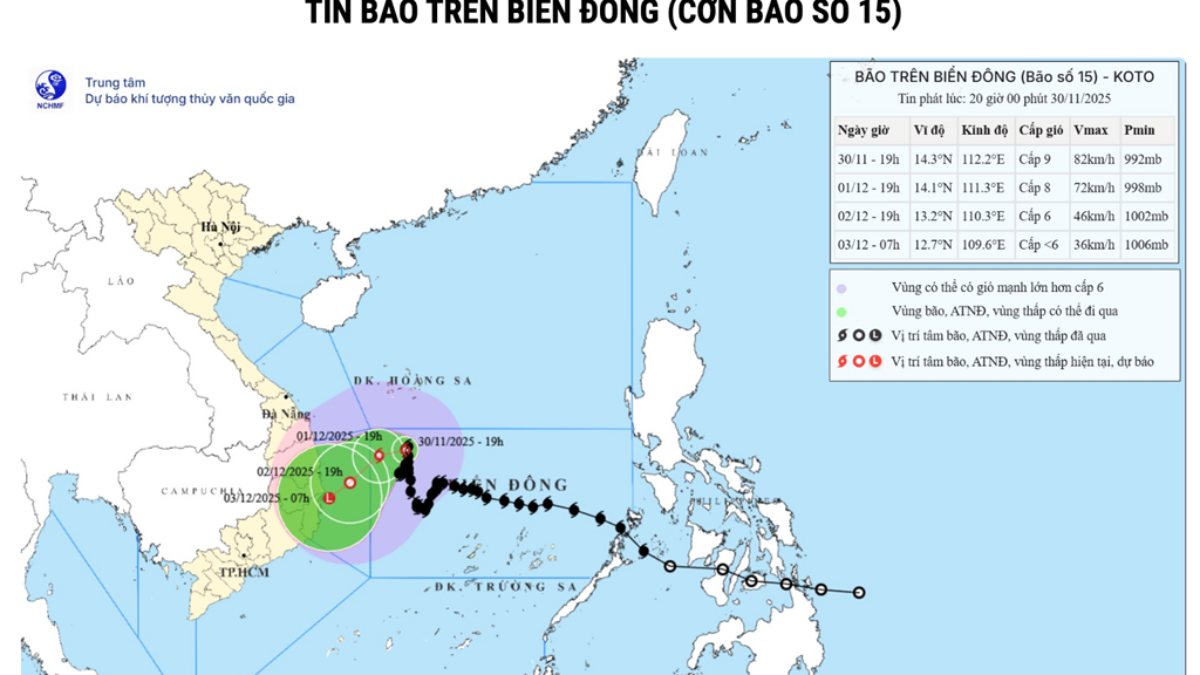 Bão số 15 ít dịch chuyển, hướng về bờ biển phía Đông Gia Lai-Đắk Lắk
