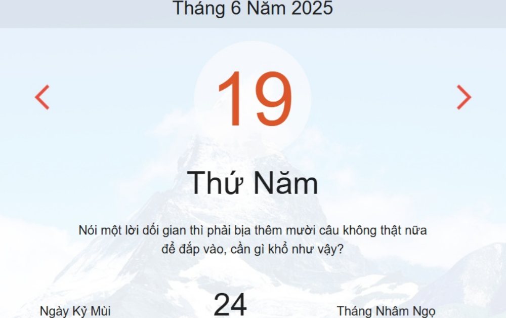 Lịch âm 19/6 - Âm lịch hôm nay 19/6 - lịch vạn niên ngày 19/6/2025