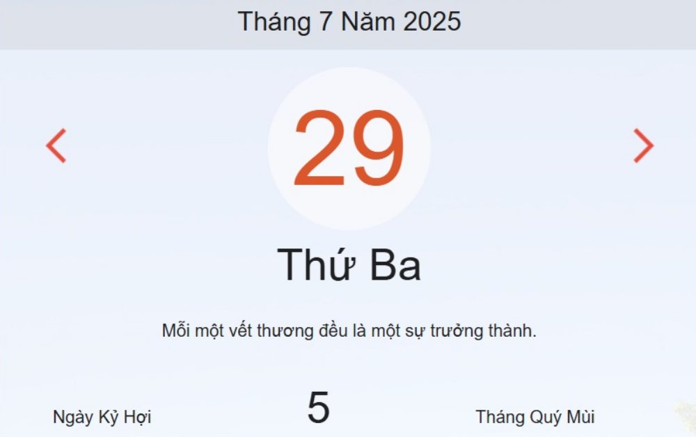 Âm lịch hôm nay 29/7 – Lịch âm và lịch vạn niên ngày 29/7/2025 chính xác nhất