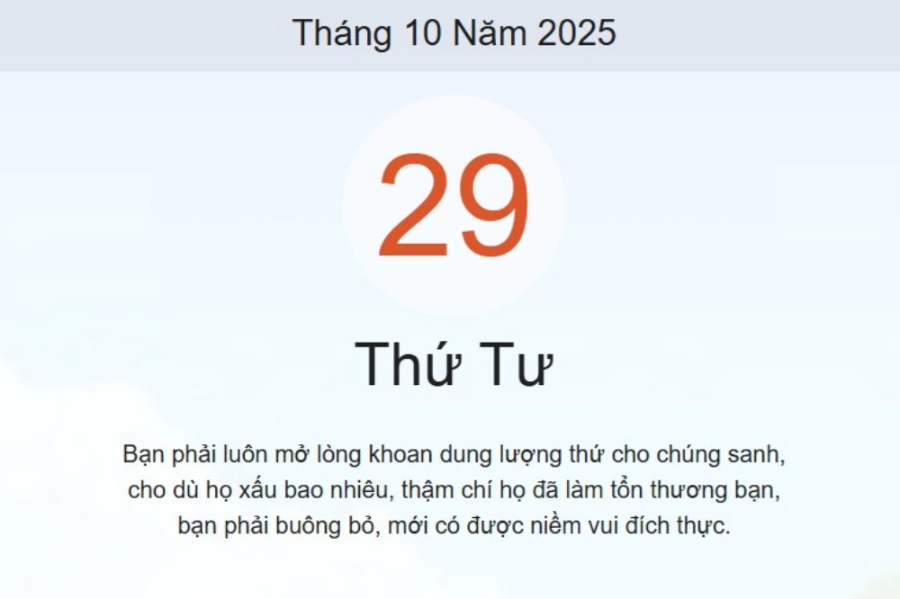 Lịch âm 29/10 - Xem âm lịch hôm nay 29/10 - lịch vạn niên ngày 29/10/2025