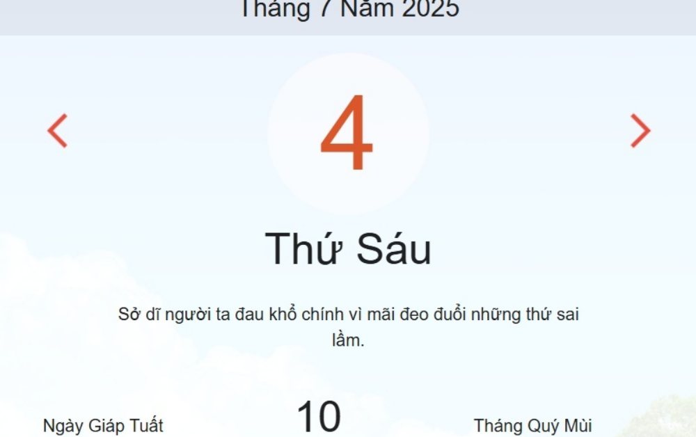 Lịch âm 4/7 - Âm lịch hôm nay 4/7 - lịch vạn niên ngày 4/7/2025