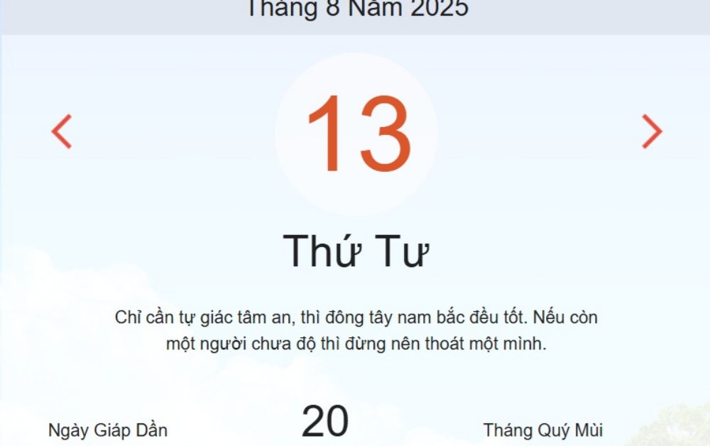 Xem ngay lịch Âm Dương hôm nay 13/08