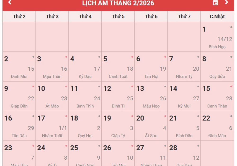 Lịch tháng 2/2026: Những ngày tốt, ngày xấu trong tháng 2