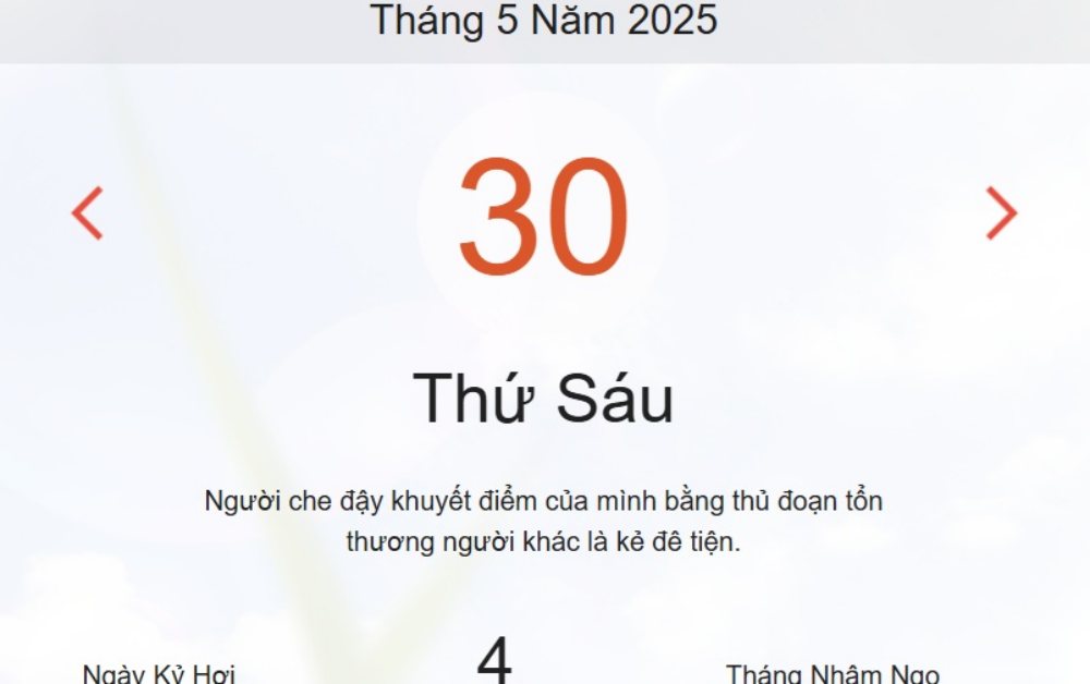 Lịch âm 30/5 - Âm lịch hôm nay 30/5 - lịch vạn niên ngày 30/5/2025