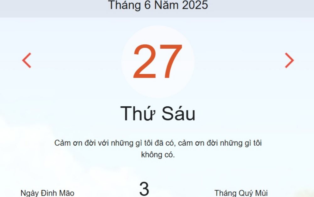Lịch âm 27/6 - Âm lịch hôm nay 27/6 - lịch vạn niên ngày 27/6/2025