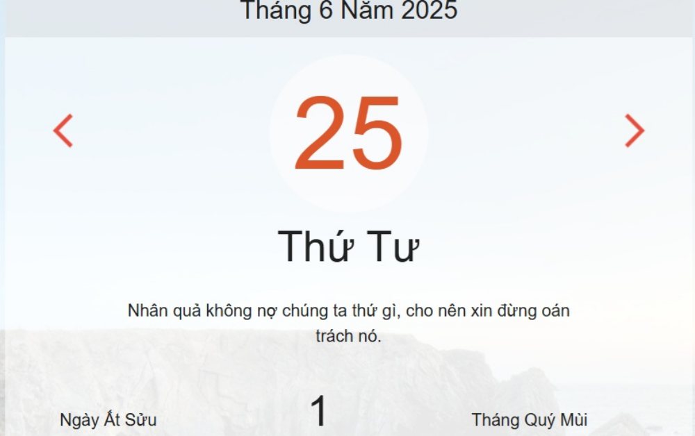 Lịch âm 25/6 - Âm lịch hôm nay 25/6 - lịch vạn niên ngày 25/6/2025