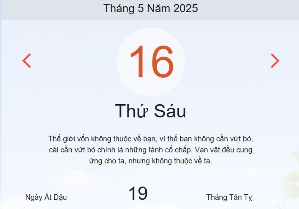 Lịch âm 16/5 - Âm lịch hôm nay 16/5 - lịch vạn niên ngày 16/5/2025