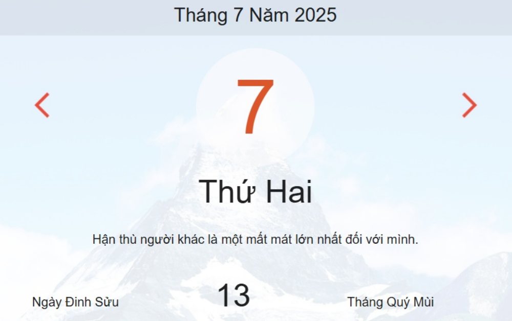 Lịch âm 7/7 - Âm lịch hôm nay 7/7 - lịch vạn niên ngày 7/7/2025