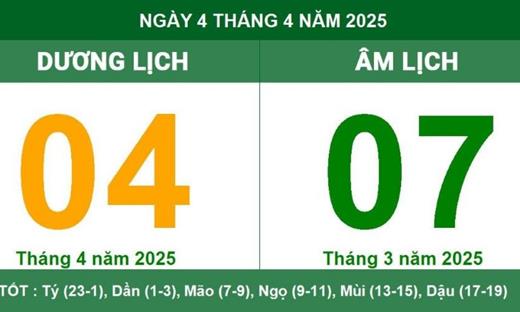 Lịch âm 4/4/2025 - Âm lịch hôm nay 4/4/2025 chính xác nhất - lịch vạn niên ngày 4/4/2025 có tốt không?