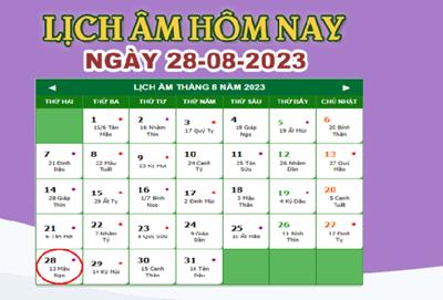 Lịch âm 28/8 – Âm lịch hôm nay ngày 28/8/2023 nhanh và chính xác