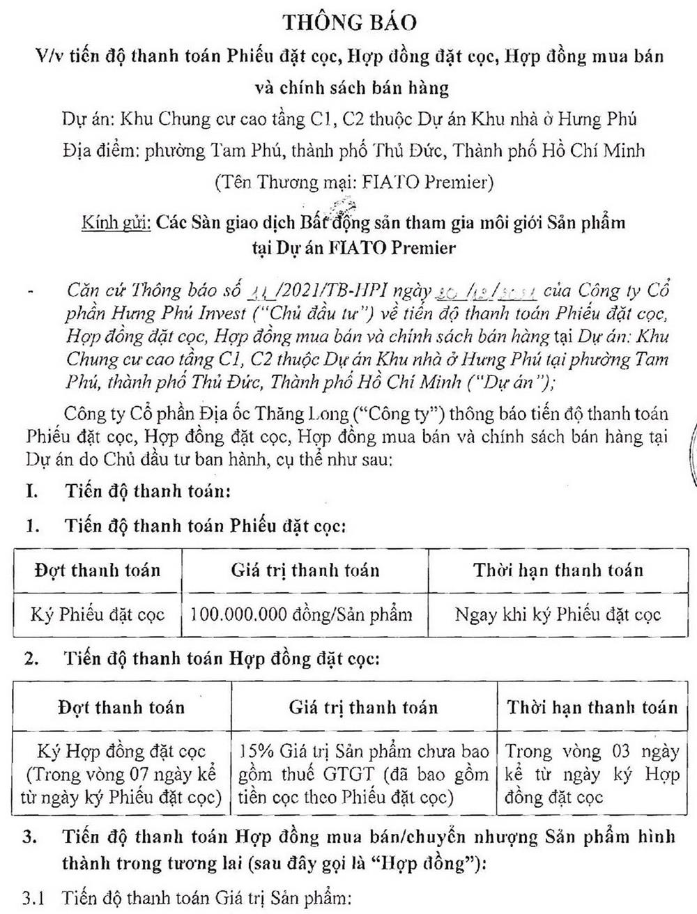 Phương thức thanh toán và chính sách ưu đãi dự án căn hộ  Fiato Premier Thủ Đức Đường Tô Ngọc Vân chủ đầu tư Hưng Phú Investment