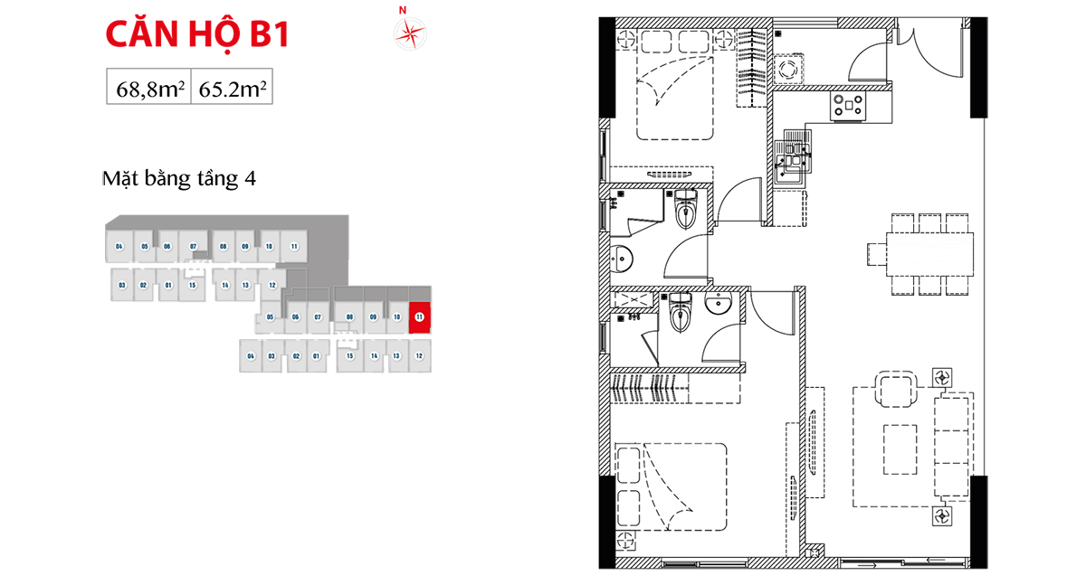 Thiết kế căn hộ loại B1 tại tầng 4 