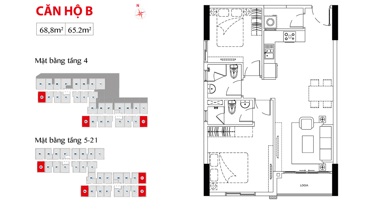 Thiết kế căn hộ loại B tại tầng 4 và tầng 5 đến 21