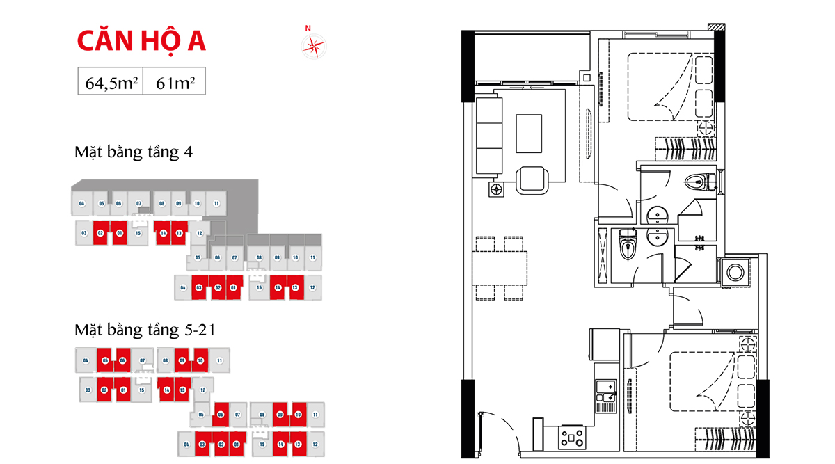Thiết kế căn hộ loại A tại tầng 4 và tầng 5 đến 21