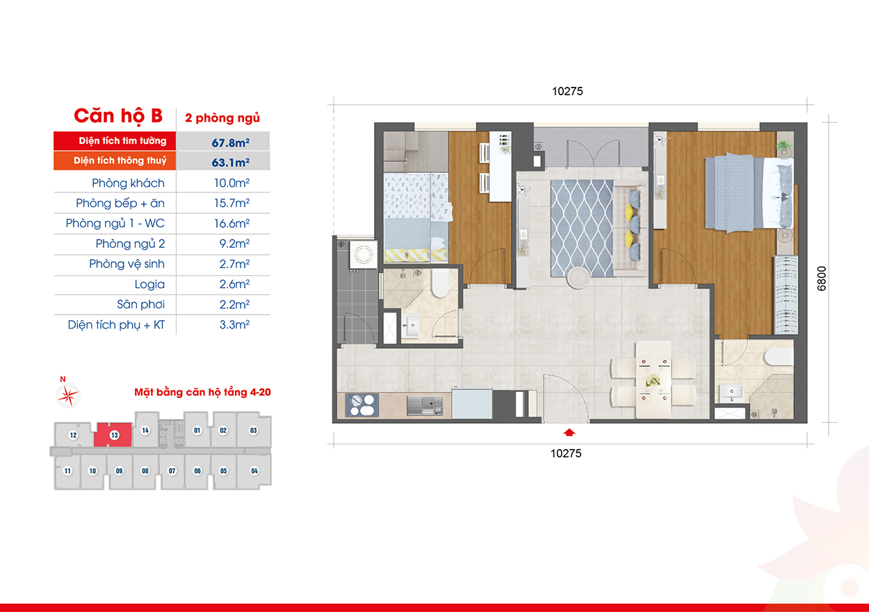 Thiết kế mặt bằng căn hộ tầng 4-20 loại căn hộ B, căn 02 phòng ngủ