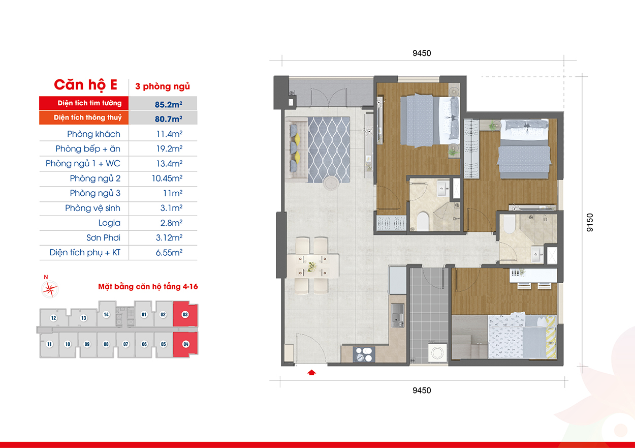 Thiết kế mặt bằng căn hộ tầng 4-16 loại căn hộ E, căn 03 phòng ngủ