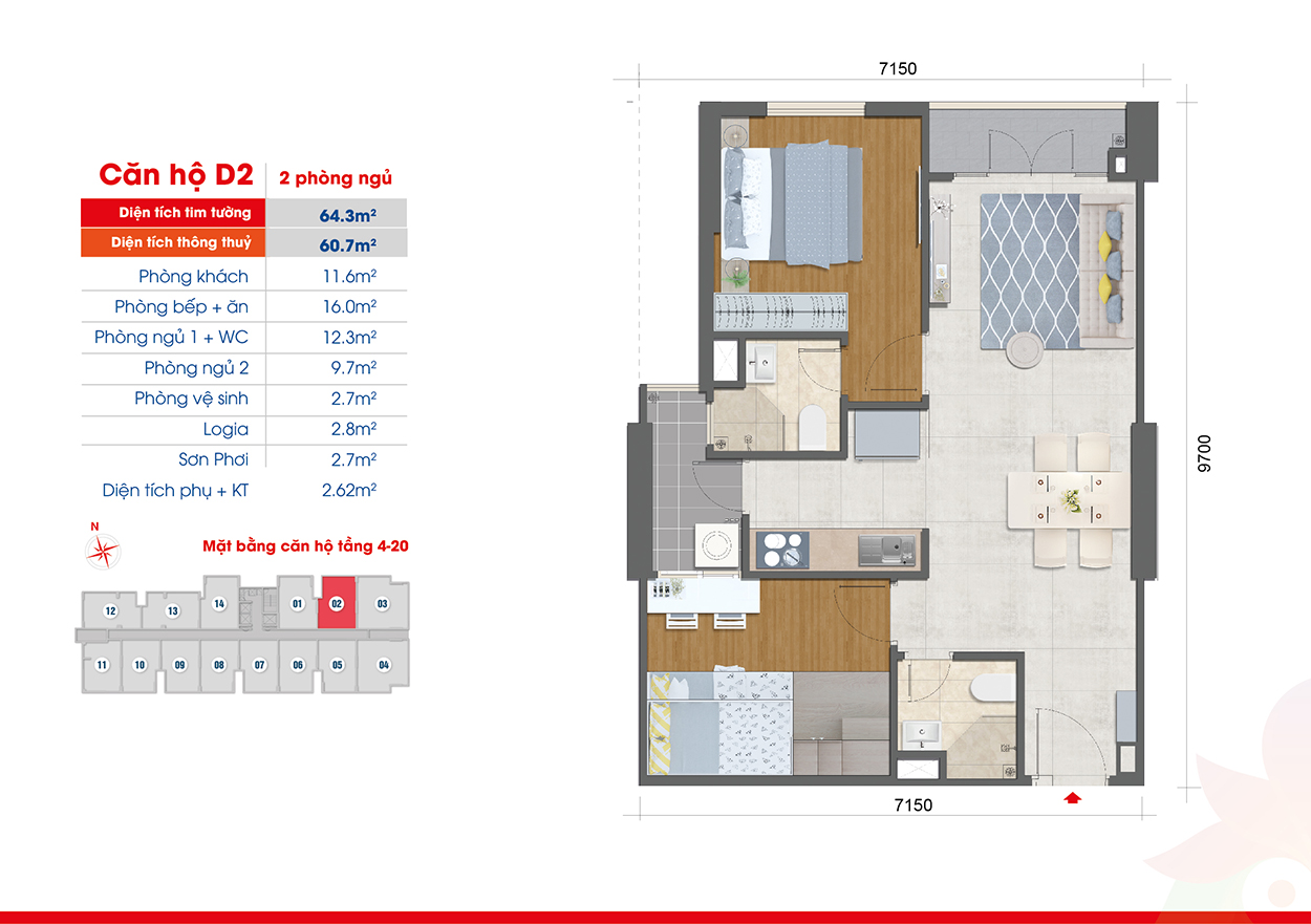 Thiết kế mặt bằng căn hộ tầng 4-20 loại căn hộ D2, căn 02 phòng ngủ