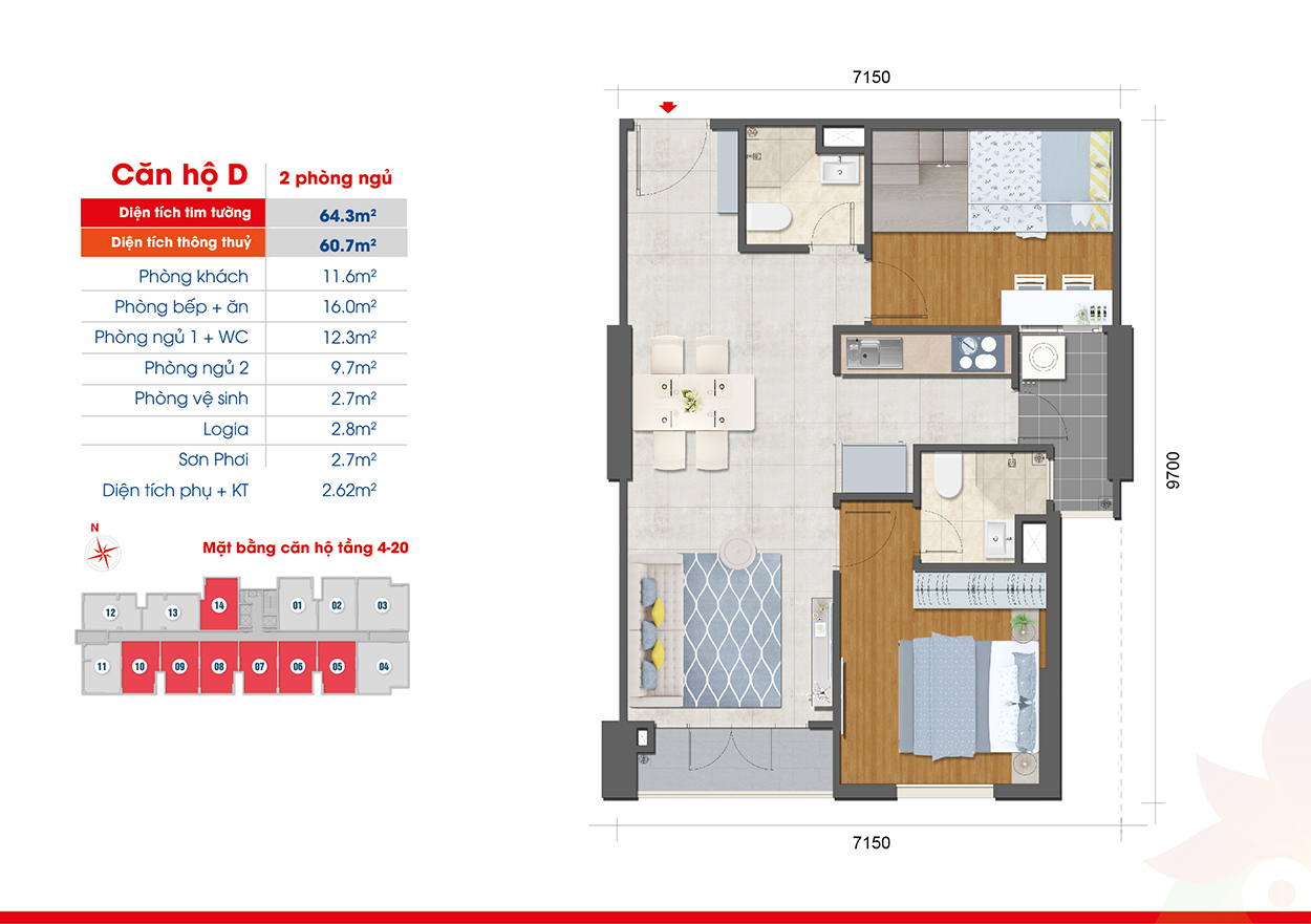 Thiết kế mặt bằng căn hộ tầng 4-20 loại căn hộ D, căn 02 phòng ngủ