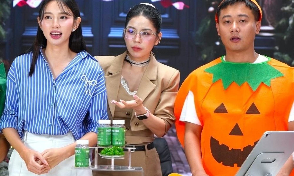 Hằng Du Mục, Hoa hậu Thùy Tiên và Quang Linh Vlog trong buổi livestream quảng cáo sản phẩm kẹo rau củ Kera. Ảnh: CER Group.
